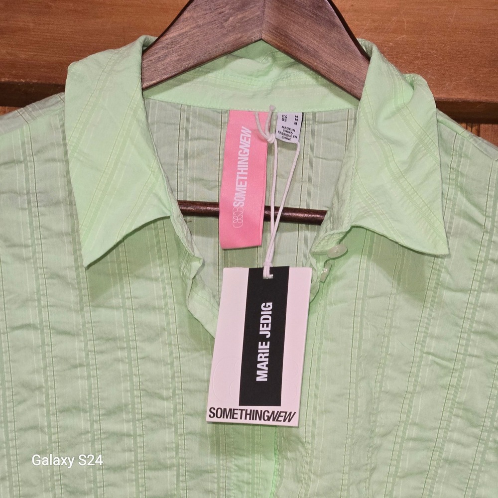 SomethingNew x Marie Jedig Mint Green Textured Stripe Button Down Shirt Womens M
